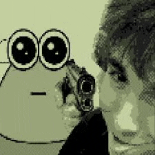 a pixel art of a person holding a gun in front of a frog .