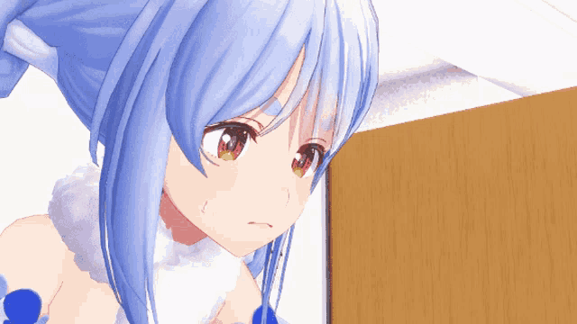 a girl with blue hair and red eyes is standing in front of a door