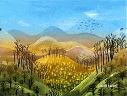 a painting of a landscape with trees and mountains with a watermark that says scott swed