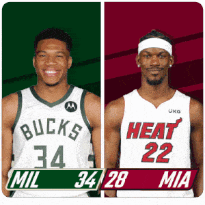 two basketball players one from the bucks and the other from the heat are standing next to each other