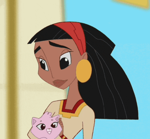 a cartoon girl holding a pink cat in her arms