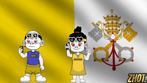 a boy and a girl are standing in front of a flag and the word zhout is on the bottom