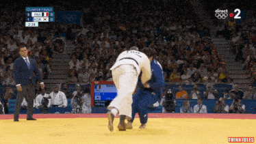 a judo match between korea and france is being shown on a television screen