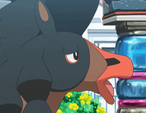 a cartoon character with a red beak and a black head