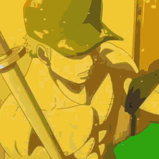 a man in a green hat holds a sword