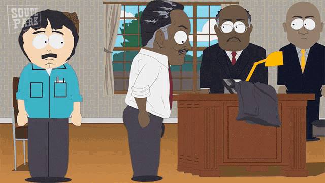 a cartoon scene from south park shows a man standing in front of a desk