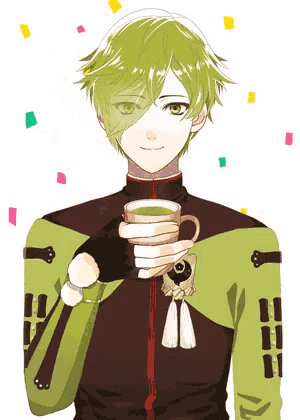 a boy with green hair is holding a cup of tea in his hand