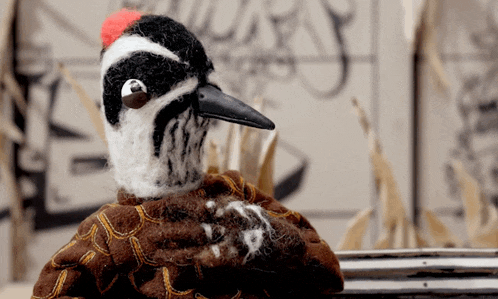 a stuffed bird is standing in front of a sign that says ' acorn '