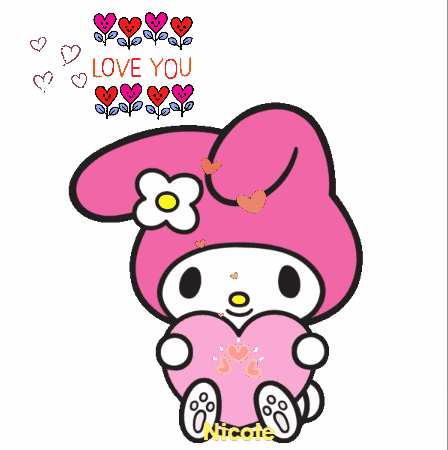 a drawing of a pink bunny holding a heart with the words " love you " below it