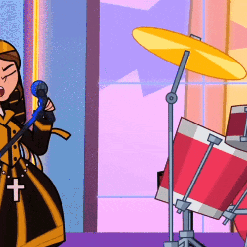 a cartoon of a girl singing into a microphone with a drum set in the background