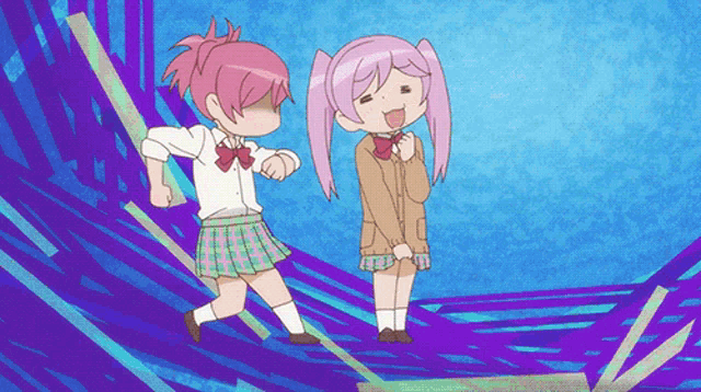 two anime girls are standing next to each other