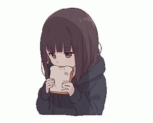 a girl in a hoodie is holding a piece of bread
