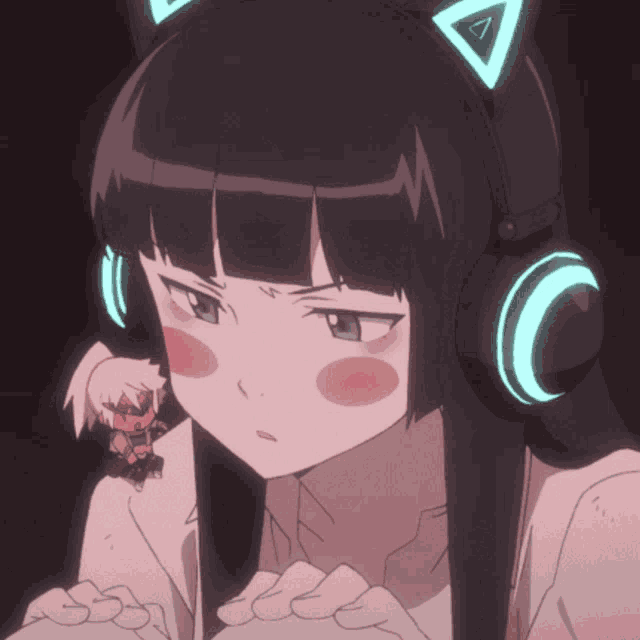 a girl wearing cat ears and headphones has a triangle on her head