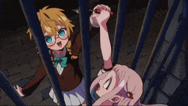 a girl with glasses is holding a screwdriver in her hand while another girl looks on