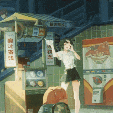 a cartoon drawing of a girl holding a bowl in front of a sign that says ' chinese ' on it