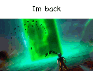 a cartoon character is standing in front of a green light and the words im back