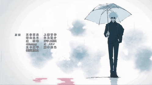 a drawing of a man holding an umbrella with chinese writing underneath him