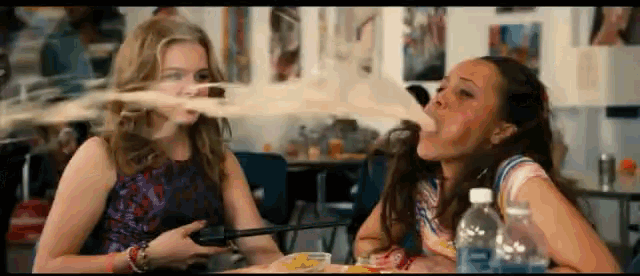 two girls are sitting at a table with a bottle of water in front of them eating food .