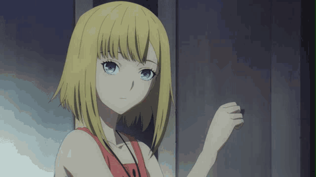 a blonde anime girl with blue eyes and a red top