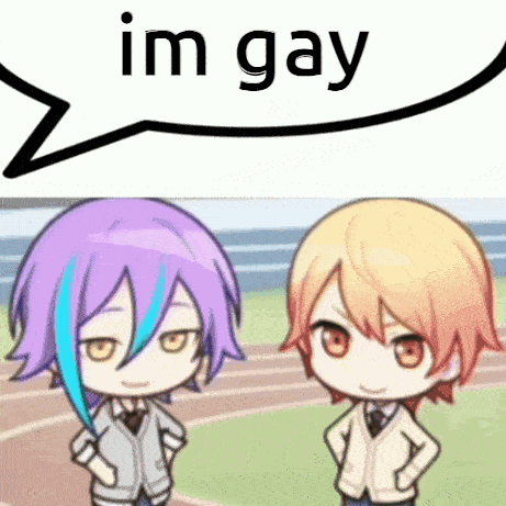 two anime characters are standing next to each other on a track with a speech bubble that says `` im gay '' .