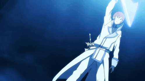 a person in a white coat is holding a sword in the air