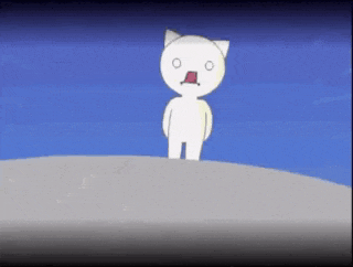 a white cartoon character with a red nose is standing on a hill