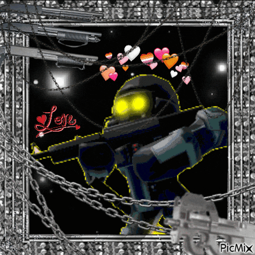 a picture of a robot holding a gun with hearts and the word love on it