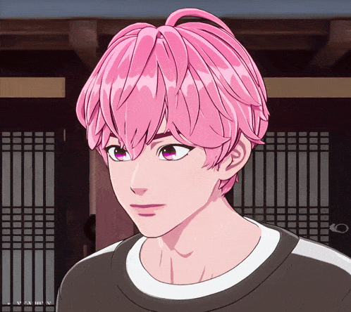 a boy with pink hair is wearing a black and white striped shirt