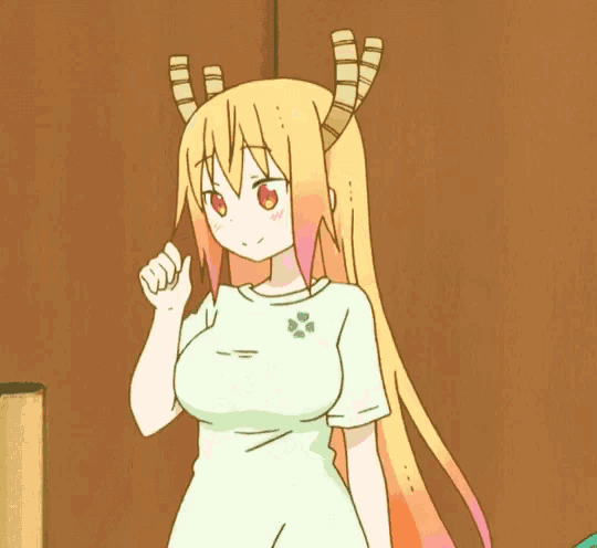 a cartoon girl with horns is surrounded by pink hearts and hearts .