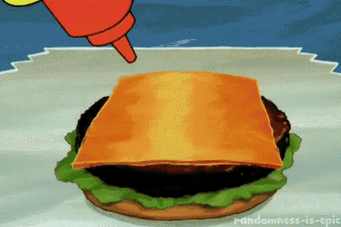 a cartoon drawing of a hamburger with ketchup being poured on it by randomness-is-epic