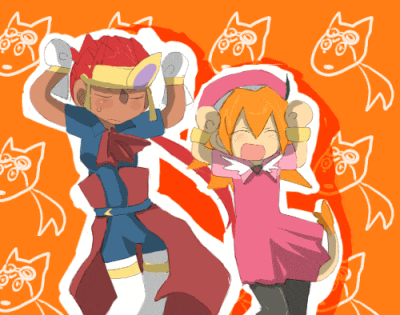 a drawing of a boy and a girl with a pattern of cats in the background