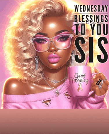 wednesday blessings to you sis with a woman holding a coffee mug