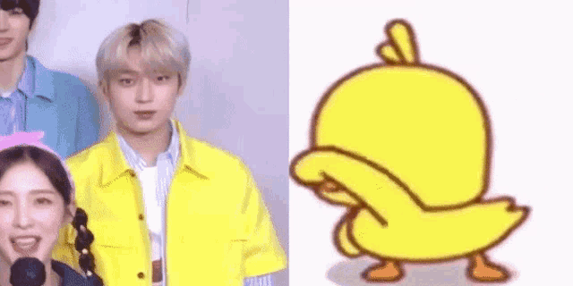a group of people are standing next to each other and a cartoon duck is standing next to them .