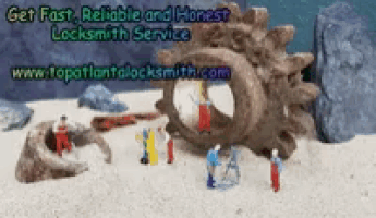 a advertisement for a locksmith service with a gear in the sand