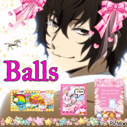 a picture of a boy with bows on his head and the words balls