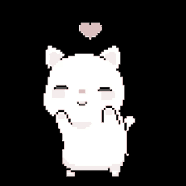 a pixel art of a white cat with a pink heart above it 's head .