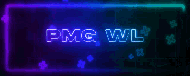 a neon sign that says pmg wl on a black background