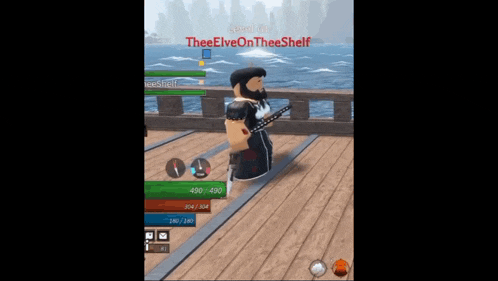 a roblox character is holding a sword on a wooden deck .