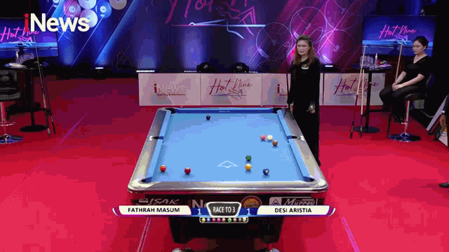 a pool table with a sign that says ' hot line ' on it