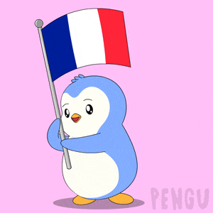 a penguin holding a flag with the word pengu on the bottom right