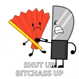 a fan and a knife are fighting each other and the fan is holding the knife .