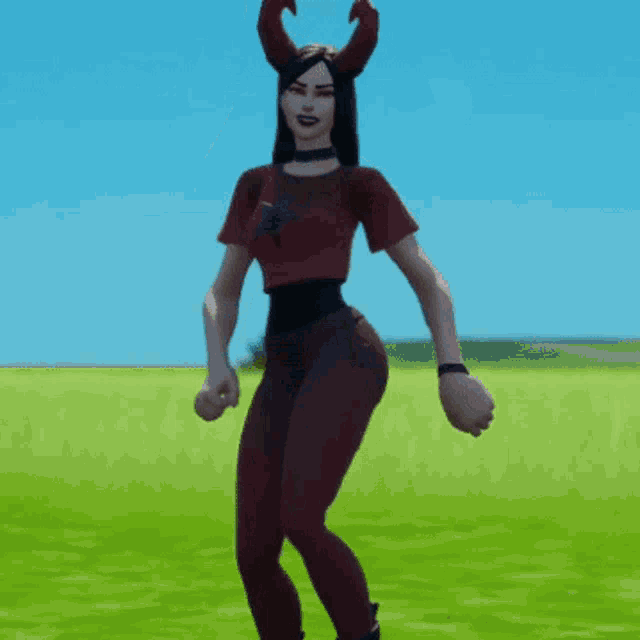 a woman with horns is standing in a field