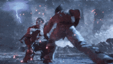 two men are fighting each other in a video game with a lightning bolt in the background