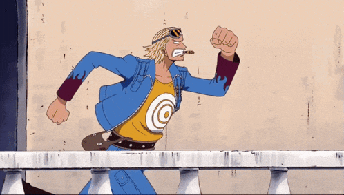 a man wearing a blue jacket and a yellow shirt is running