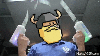 a pixel art of a man with a beard holding two swords .