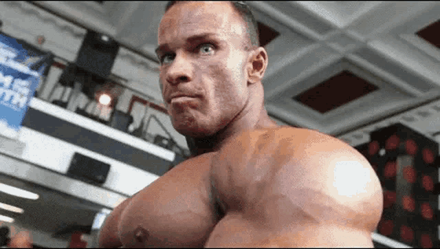 a muscular man is standing in a gym with his arms outstretched and looking at the camera .