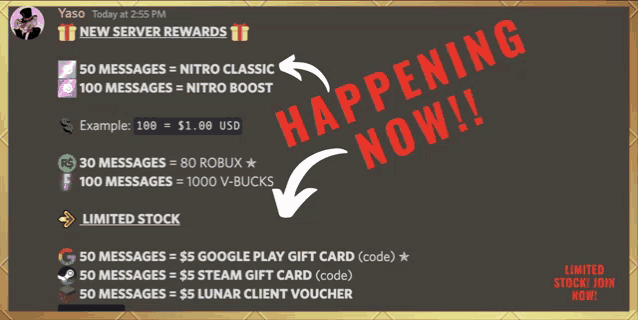 a screenshot of yaso 's new server rewards with a message that says " happening now "