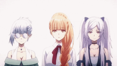 three anime girls are standing next to each other with their hair flying in the wind