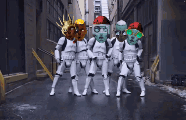 a group of stormtroopers are standing on a street wearing sunglasses