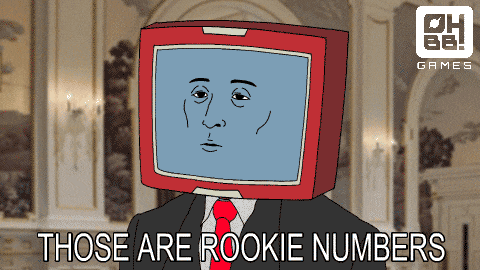 a cartoon of a man with a tv head and the words those are rookie numbers below him